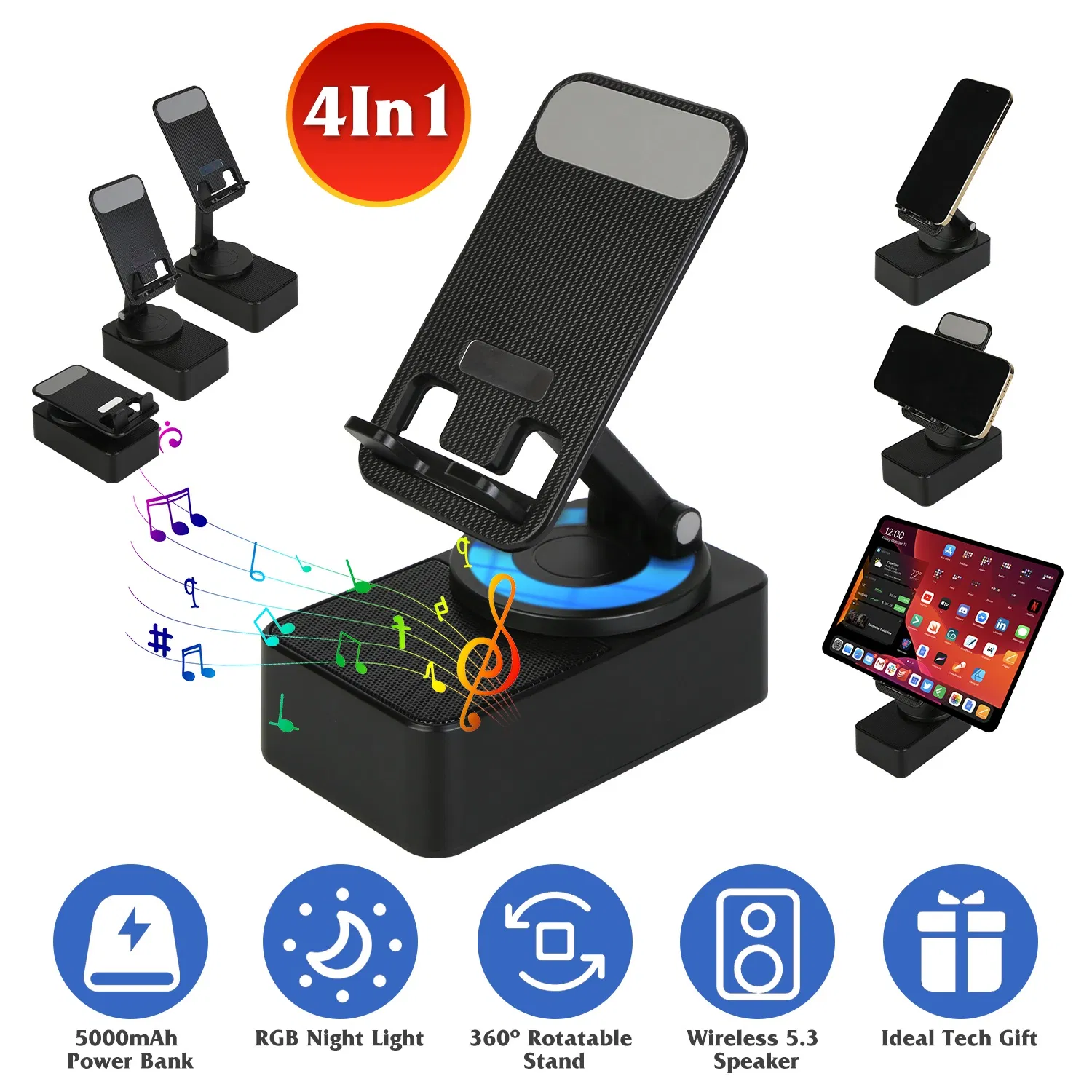1Pc 4 In 1 Foldable Wireless Speaker Phone Stand With Power Bank - Image 7