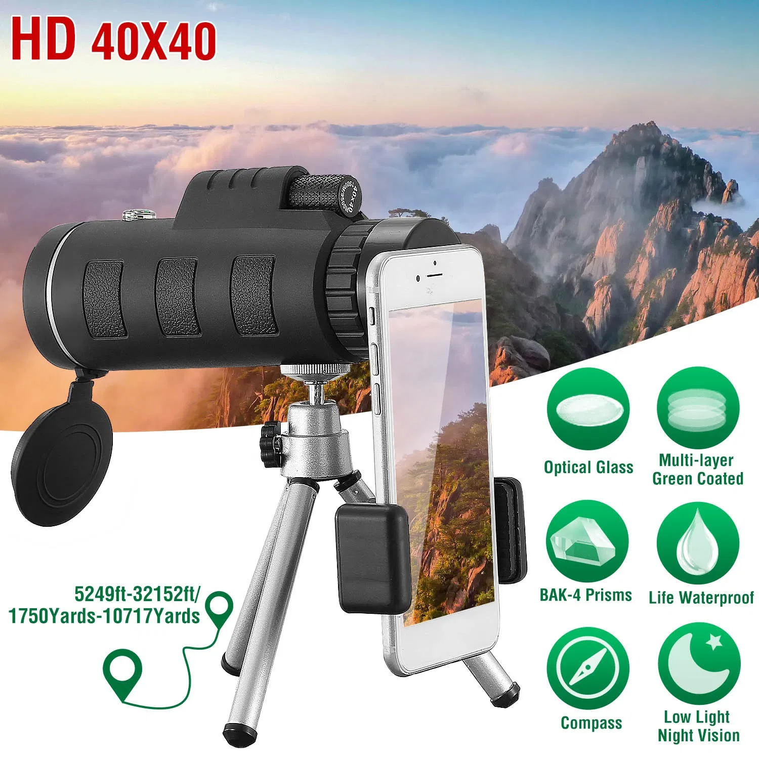 40x40 HD Optical Monocular Telescope w/ FMC Lens Low Light Vision - Image 7