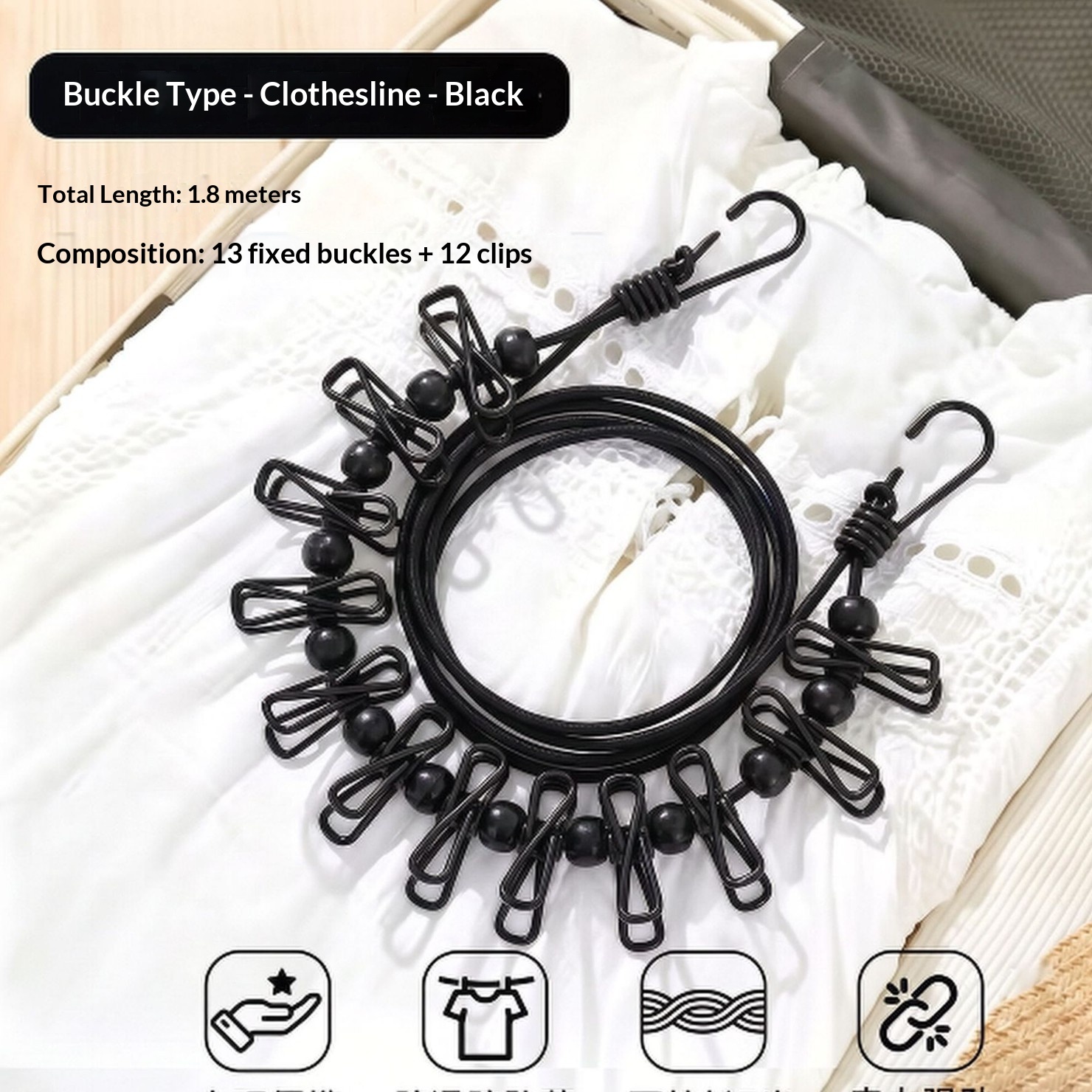 Travel Clothesline with Clips, 1.8 m - Image 4